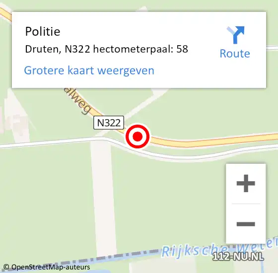 Locatie op kaart van de 112 melding: Politie Druten, N322 hectometerpaal: 58 op 24 december 2021 16:41