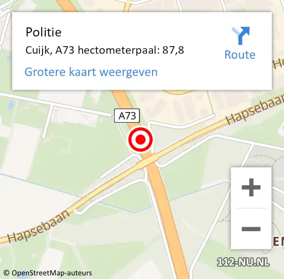 Locatie op kaart van de 112 melding: Politie Cuijk, A73 hectometerpaal: 87,8 op 24 december 2021 17:23