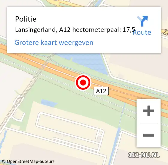 Locatie op kaart van de 112 melding: Politie Lansingerland, A12 hectometerpaal: 17,5 op 24 december 2021 17:47