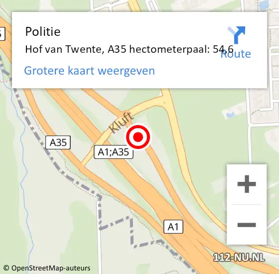 Locatie op kaart van de 112 melding: Politie Hof van Twente, A35 hectometerpaal: 54,6 op 24 december 2021 18:05