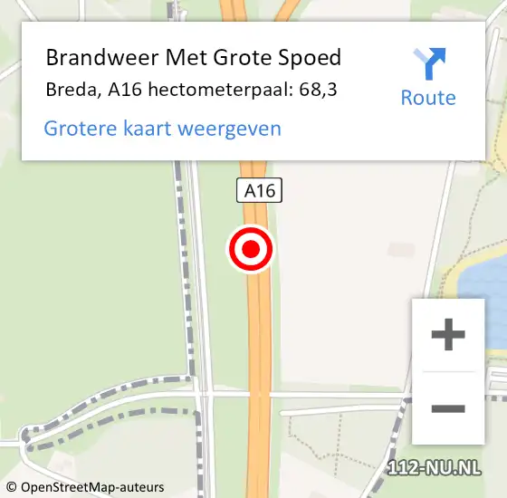 Locatie op kaart van de 112 melding: Brandweer Met Grote Spoed Naar Breda, A16 hectometerpaal: 68,3 op 25 december 2021 01:12