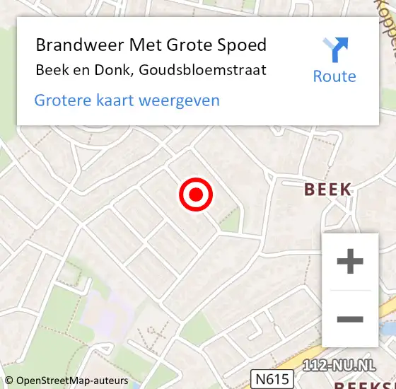 Locatie op kaart van de 112 melding: Brandweer Met Grote Spoed Naar Beek en Donk, Goudsbloemstraat op 25 december 2021 02:36