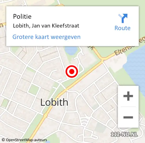 Locatie op kaart van de 112 melding: Politie Lobith, Jan van Kleefstraat op 25 december 2021 09:59