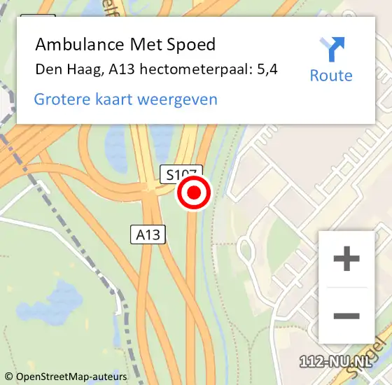 Locatie op kaart van de 112 melding: Ambulance Met Spoed Naar Den Haag, A13 hectometerpaal: 5,4 op 25 december 2021 12:37