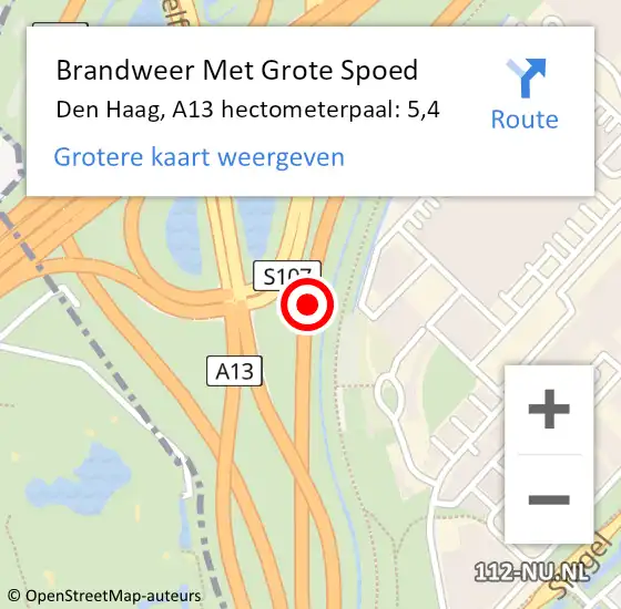 Locatie op kaart van de 112 melding: Brandweer Met Grote Spoed Naar Den Haag, A13 hectometerpaal: 5,4 op 25 december 2021 12:37