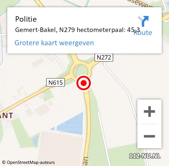 Locatie op kaart van de 112 melding: Politie Gemert-Bakel, N279 hectometerpaal: 45,3 op 25 december 2021 14:39