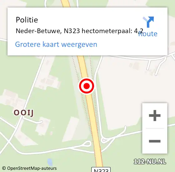 Locatie op kaart van de 112 melding: Politie Neder-Betuwe, N323 hectometerpaal: 4,2 op 25 december 2021 15:12