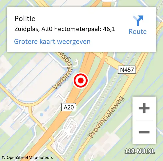 Locatie op kaart van de 112 melding: Politie Zuidplas, A20 hectometerpaal: 46,1 op 25 december 2021 16:34