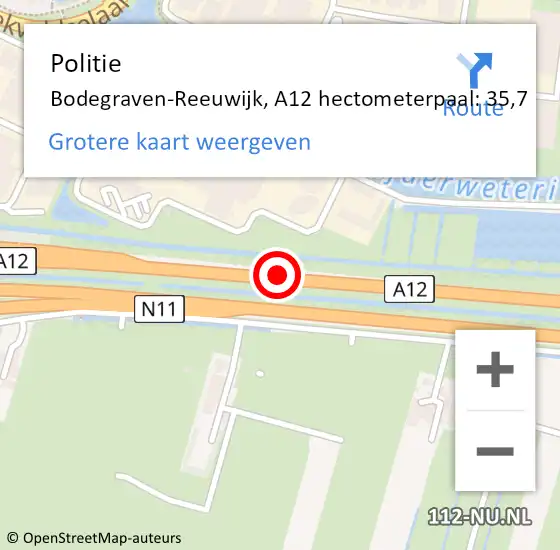 Locatie op kaart van de 112 melding: Politie Bodegraven-Reeuwijk, A12 hectometerpaal: 35,7 op 26 december 2021 13:38