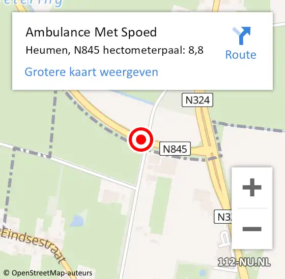 Locatie op kaart van de 112 melding: Ambulance Met Spoed Naar Heumen, N845 hectometerpaal: 8,8 op 26 december 2021 13:42