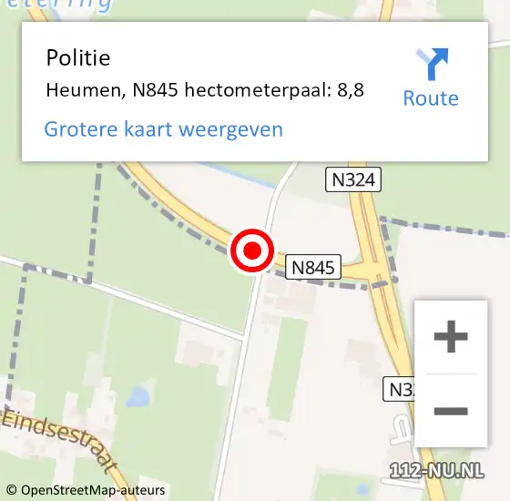 Locatie op kaart van de 112 melding: Politie Heumen, N845 hectometerpaal: 8,8 op 26 december 2021 13:42