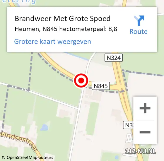 Locatie op kaart van de 112 melding: Brandweer Met Grote Spoed Naar Heumen, N845 hectometerpaal: 8,8 op 26 december 2021 13:43