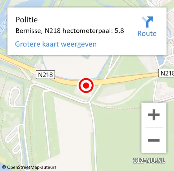 Locatie op kaart van de 112 melding: Politie Bernisse, N218 hectometerpaal: 5,8 op 26 december 2021 14:33