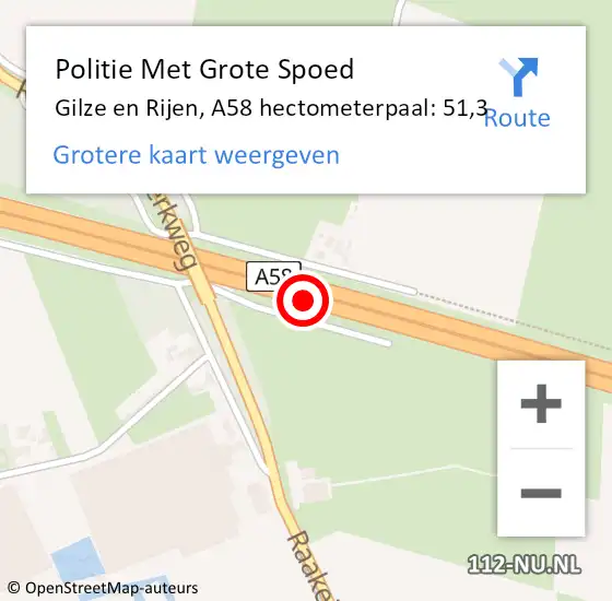 Locatie op kaart van de 112 melding: Politie Met Grote Spoed Naar Gilze en Rijen, A58 hectometerpaal: 51,3 op 26 december 2021 23:27