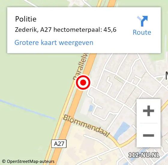 Locatie op kaart van de 112 melding: Politie Zederik, A27 hectometerpaal: 45,6 op 27 december 2021 01:04