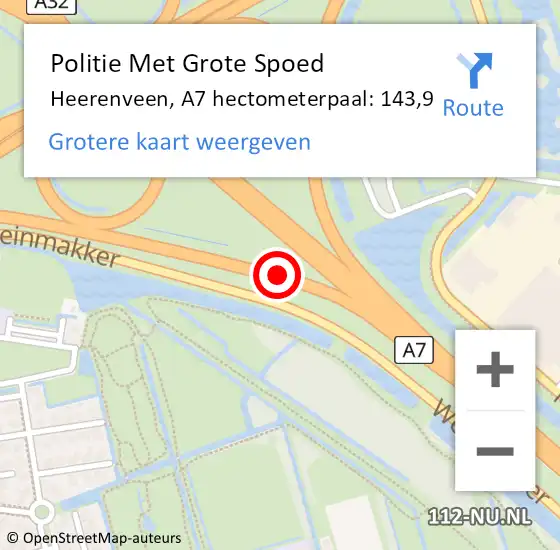 Locatie op kaart van de 112 melding: Politie Met Grote Spoed Naar Heerenveen, A7 hectometerpaal: 143,9 op 27 december 2021 06:31