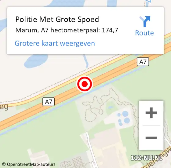 Locatie op kaart van de 112 melding: Politie Met Grote Spoed Naar Marum, A7 hectometerpaal: 174,7 op 27 december 2021 06:40