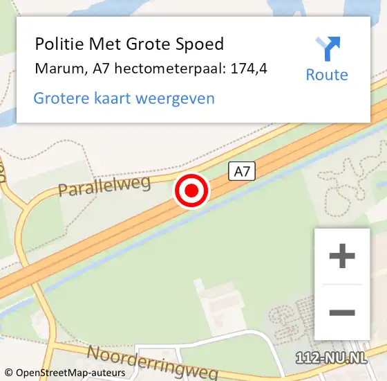 Locatie op kaart van de 112 melding: Politie Met Grote Spoed Naar Marum, A7 hectometerpaal: 174,4 op 27 december 2021 06:40