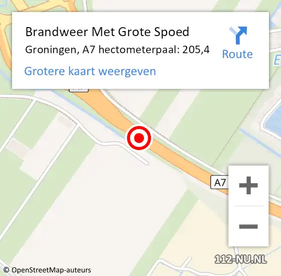 Locatie op kaart van de 112 melding: Brandweer Met Grote Spoed Naar Groningen, A7 hectometerpaal: 205,4 op 27 december 2021 07:31