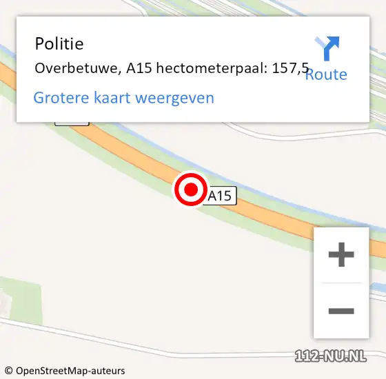 Locatie op kaart van de 112 melding: Politie Overbetuwe, A15 hectometerpaal: 157,5 op 27 december 2021 07:44