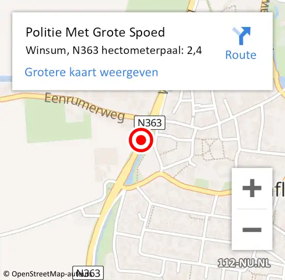 Locatie op kaart van de 112 melding: Politie Met Grote Spoed Naar Winsum, N363 hectometerpaal: 2,4 op 27 december 2021 07:44