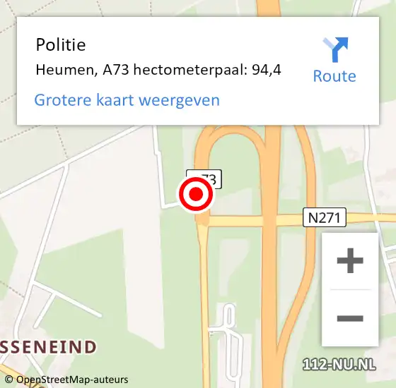 Locatie op kaart van de 112 melding: Politie Heumen, A73 hectometerpaal: 94,4 op 27 december 2021 09:56