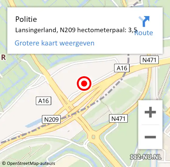 Locatie op kaart van de 112 melding: Politie Lansingerland, N209 hectometerpaal: 3,5 op 27 december 2021 09:57