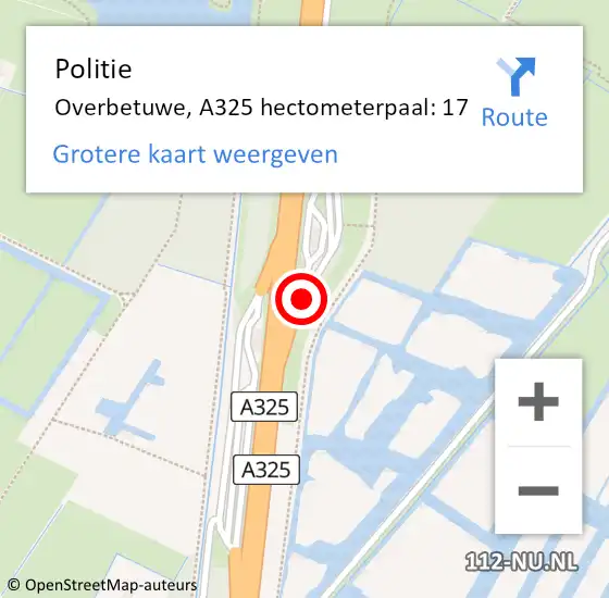 Locatie op kaart van de 112 melding: Politie Overbetuwe, A325 hectometerpaal: 17 op 27 december 2021 11:14