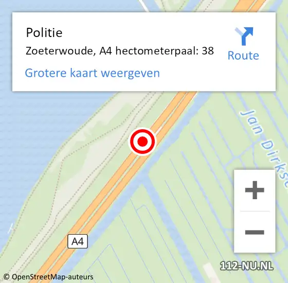 Locatie op kaart van de 112 melding: Politie Zoeterwoude, A4 hectometerpaal: 38 op 27 december 2021 11:47