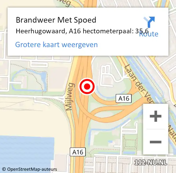 Locatie op kaart van de 112 melding: Brandweer Met Spoed Naar Heerhugowaard, A16 hectometerpaal: 35,6 op 27 december 2021 11:52