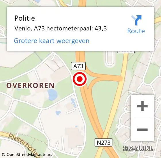 Locatie op kaart van de 112 melding: Politie Venlo, A73 hectometerpaal: 43,3 op 27 december 2021 13:13