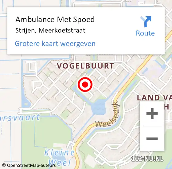 Locatie op kaart van de 112 melding: Ambulance Met Spoed Naar Strijen, Meerkoetstraat op 27 december 2021 14:33