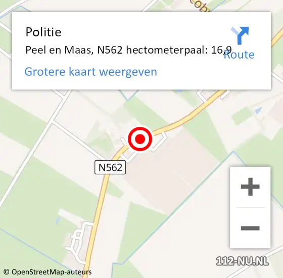 Locatie op kaart van de 112 melding: Politie Peel en Maas, N562 hectometerpaal: 16,9 op 27 december 2021 15:14