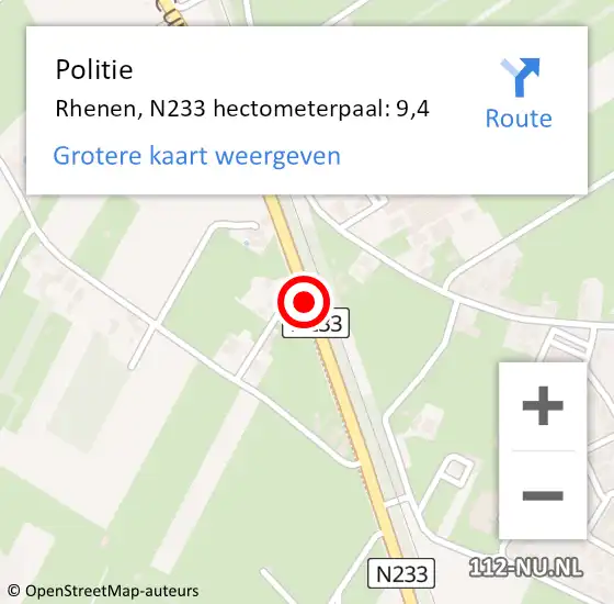 Locatie op kaart van de 112 melding: Politie Rhenen, N233 hectometerpaal: 9,4 op 27 december 2021 22:10
