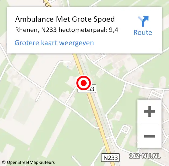 Locatie op kaart van de 112 melding: Ambulance Met Grote Spoed Naar Rhenen, N233 hectometerpaal: 9,4 op 27 december 2021 22:13