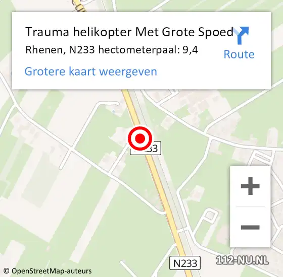 Locatie op kaart van de 112 melding: Trauma helikopter Met Grote Spoed Naar Rhenen, N233 hectometerpaal: 9,4 op 27 december 2021 22:15
