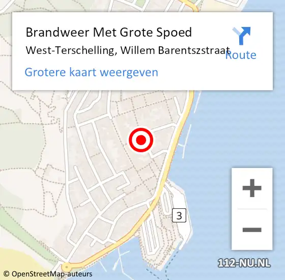 Locatie op kaart van de 112 melding: Brandweer Met Grote Spoed Naar West-Terschelling, Willem Barentszstraat op 28 december 2021 13:26