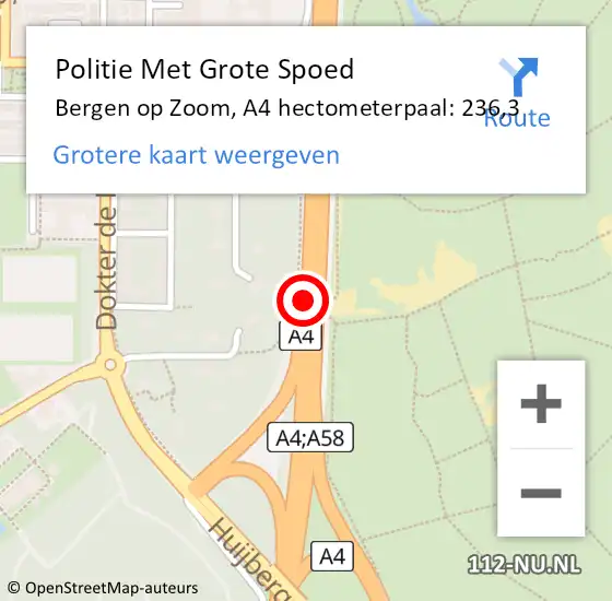 Locatie op kaart van de 112 melding: Politie Met Grote Spoed Naar Bergen op Zoom, A4 hectometerpaal: 236,3 op 28 december 2021 13:59