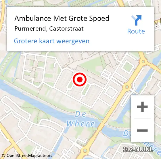 Locatie op kaart van de 112 melding: Ambulance Met Grote Spoed Naar Purmerend, Castorstraat op 28 december 2021 15:33