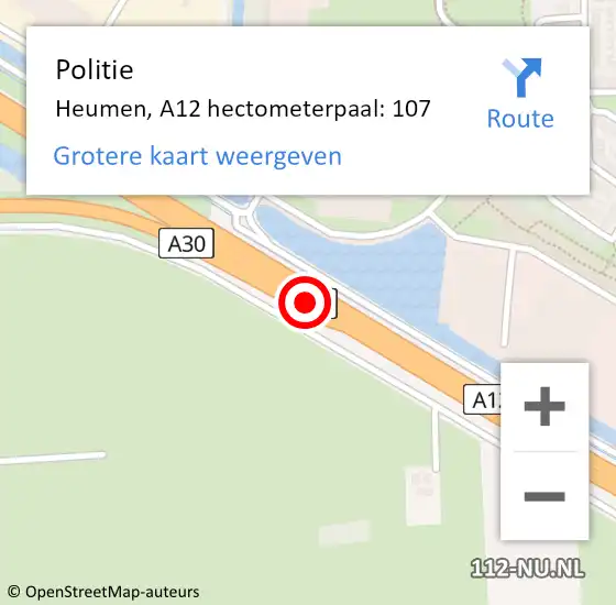 Locatie op kaart van de 112 melding: Politie Heumen, A12 hectometerpaal: 107 op 28 december 2021 17:36