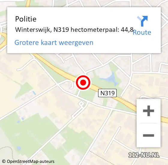 Locatie op kaart van de 112 melding: Politie Winterswijk, N319 hectometerpaal: 44,8 op 29 december 2021 08:49