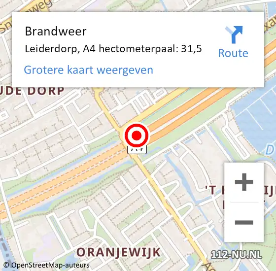Locatie op kaart van de 112 melding: Brandweer Leiderdorp, A4 hectometerpaal: 31,5 op 29 december 2021 14:13
