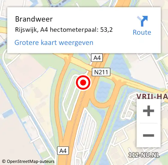 Locatie op kaart van de 112 melding: Brandweer Rijswijk, A4 hectometerpaal: 53,2 op 29 december 2021 15:41