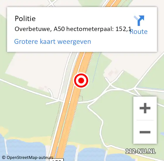 Locatie op kaart van de 112 melding: Politie Overbetuwe, A50 hectometerpaal: 152,1 op 29 december 2021 16:07