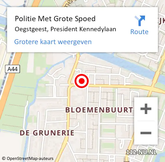 Locatie op kaart van de 112 melding: Politie Met Grote Spoed Naar Oegstgeest, President Kennedylaan op 29 december 2021 16:17