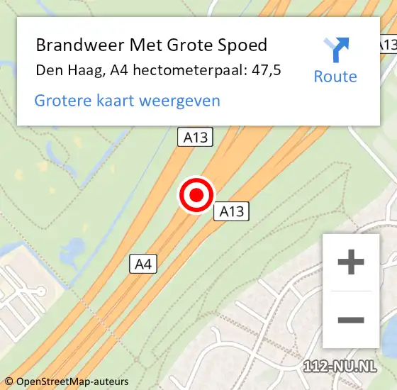 Locatie op kaart van de 112 melding: Brandweer Met Grote Spoed Naar Den Haag, A4 hectometerpaal: 47,5 op 29 december 2021 17:10