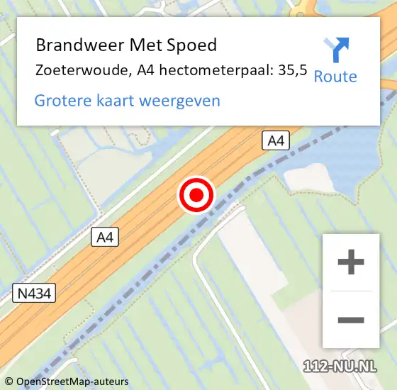 Locatie op kaart van de 112 melding: Brandweer Met Spoed Naar Zoeterwoude, A4 hectometerpaal: 35,5 op 29 december 2021 17:45