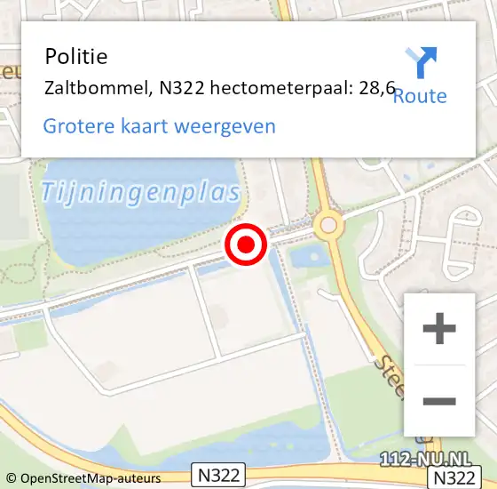 Locatie op kaart van de 112 melding: Politie Zaltbommel, N322 hectometerpaal: 28,6 op 29 december 2021 18:35