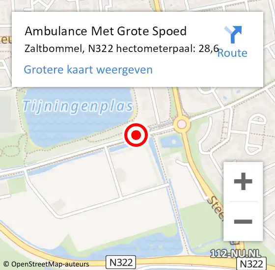 Locatie op kaart van de 112 melding: Ambulance Met Grote Spoed Naar Zaltbommel, N322 hectometerpaal: 28,6 op 29 december 2021 19:10