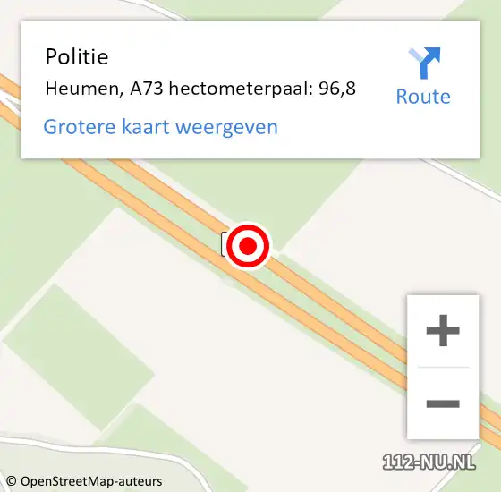 Locatie op kaart van de 112 melding: Politie Heumen, A73 hectometerpaal: 96,8 op 29 december 2021 20:11